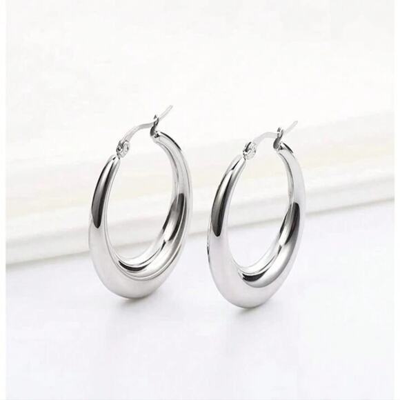 NEW Elegant Silver Stainless Steel Chunky Large Hoop Earrings - Picture 3 of 8